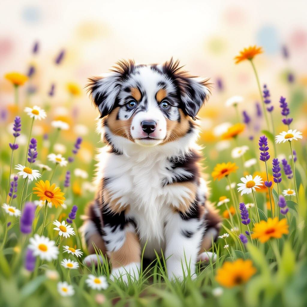 Fluffy Australian Shepherd Puppy in Wildflower Meadow