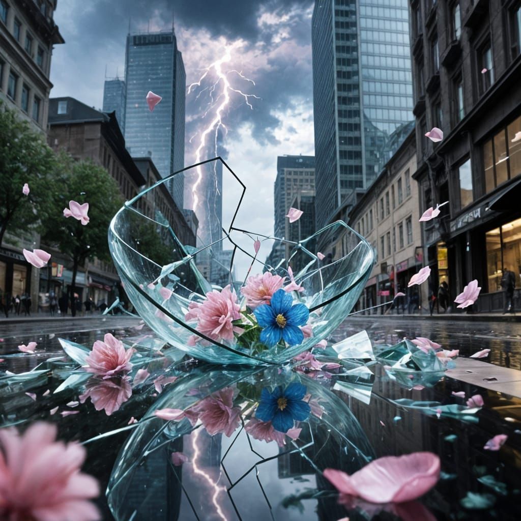 Shattered Glass Bowl with Flowers on Wet Street
