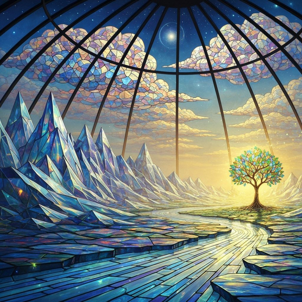 Dreamlike Stained Glass Landscape with Crystal Mountains