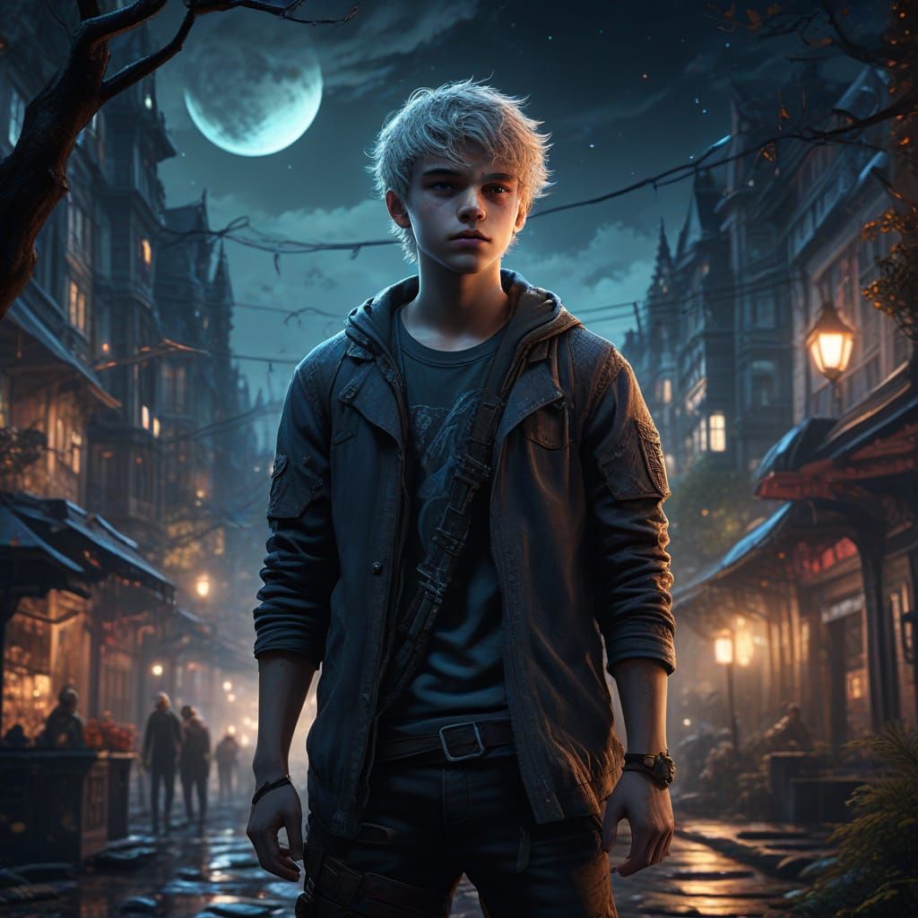 Ethereal Youth at a Grave Under Starry Night