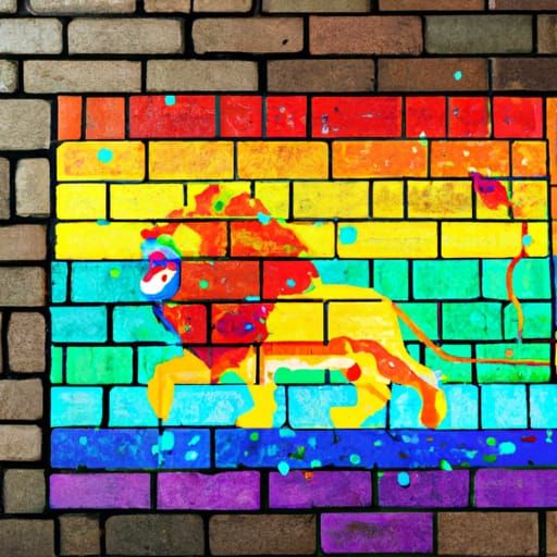 Rainbow Lion on Yellow Brick Road in Graffiti Style