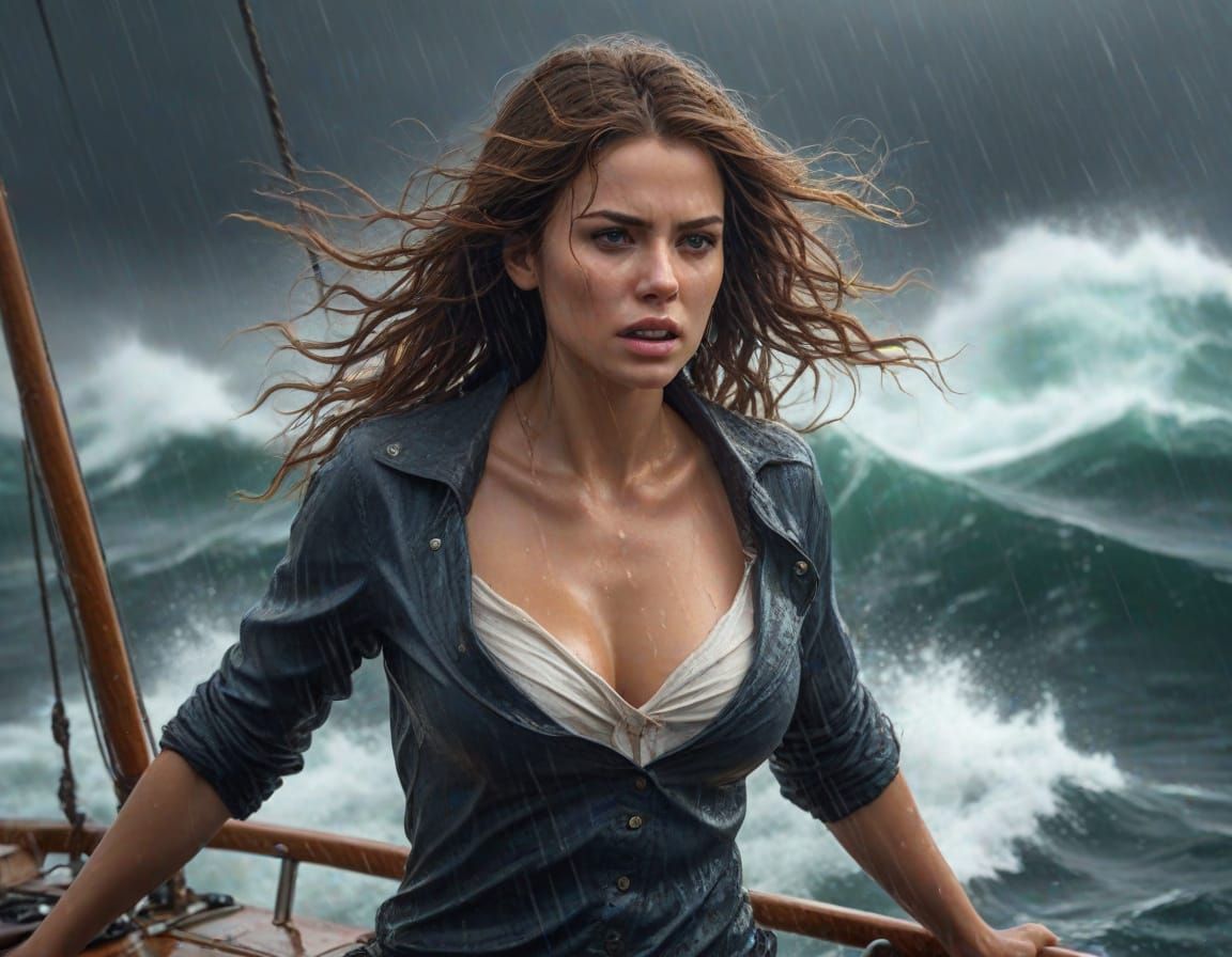 Woman in Peril During a Raging Storm