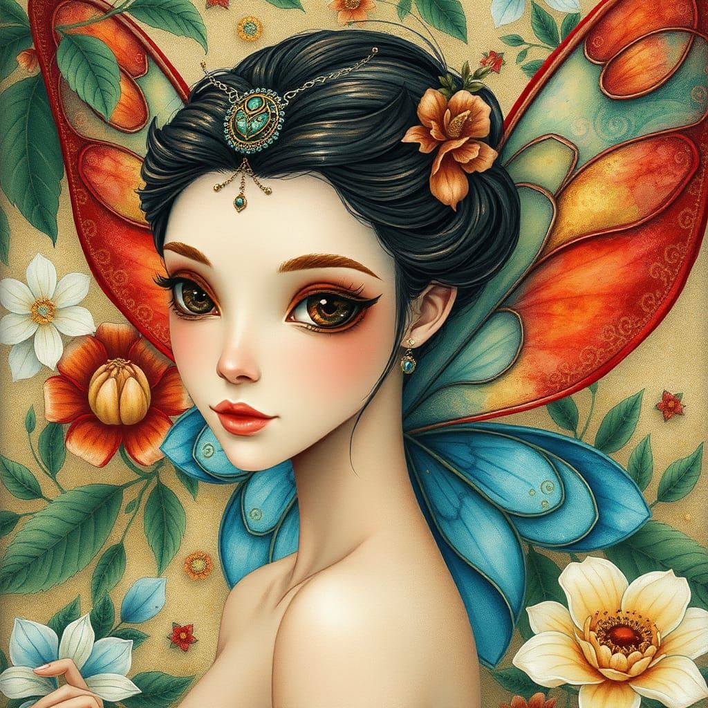 Watercolor Fairy in Art Nouveau Garden