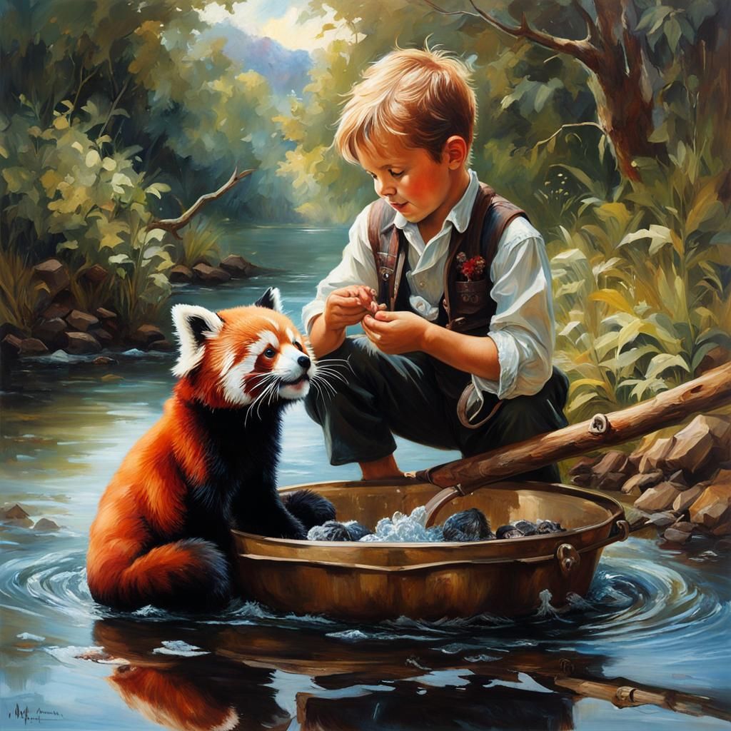 Australian Boy Bathes Red Panda in Victorian Setting