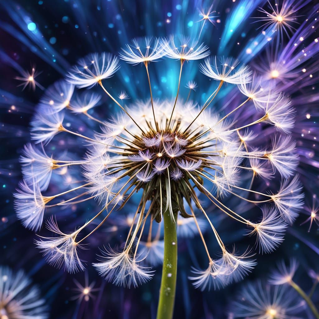 Ethereal Dandelion Blooms in Cosmic Fractal Art