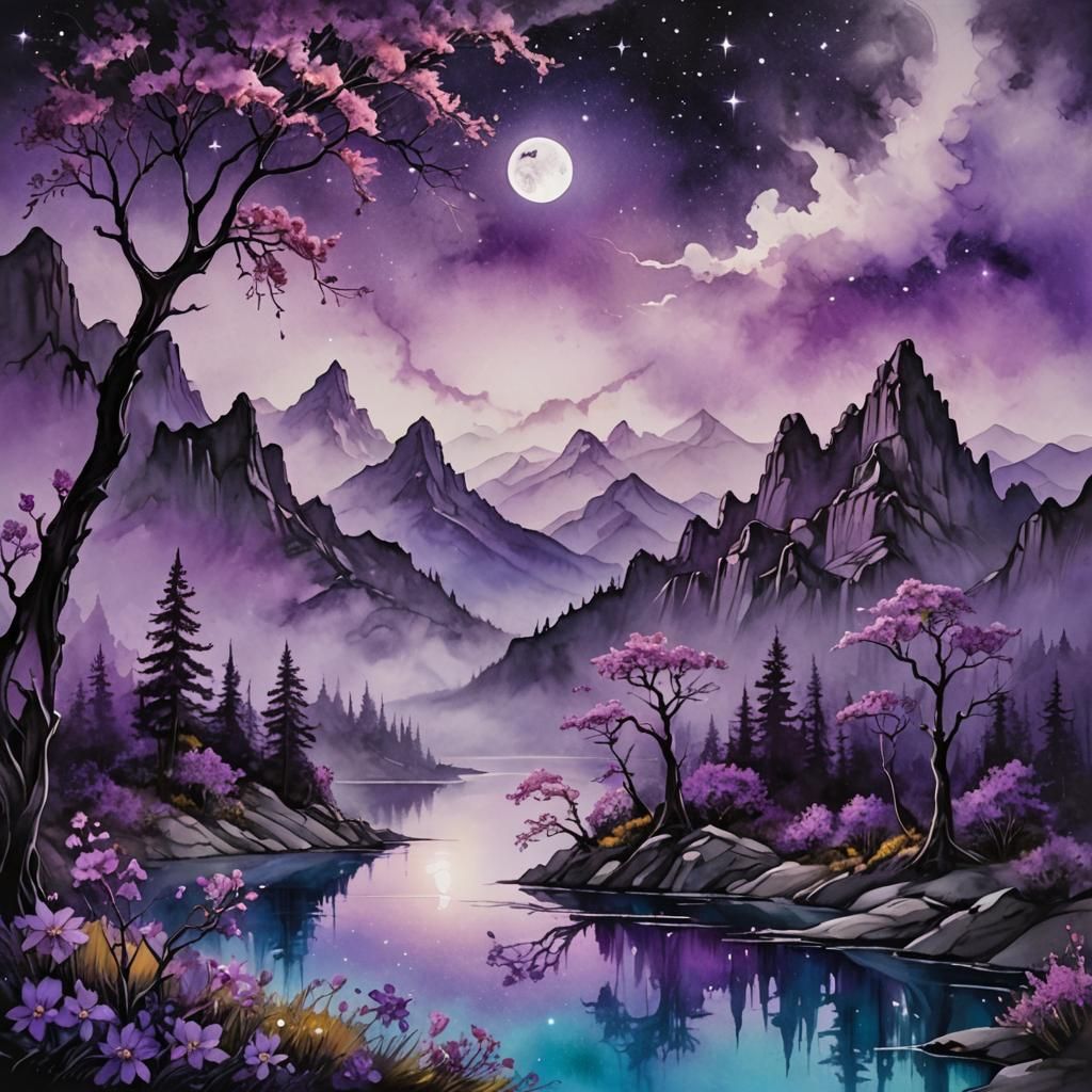 A crescent moon made from mountains and rocky crags and tree...