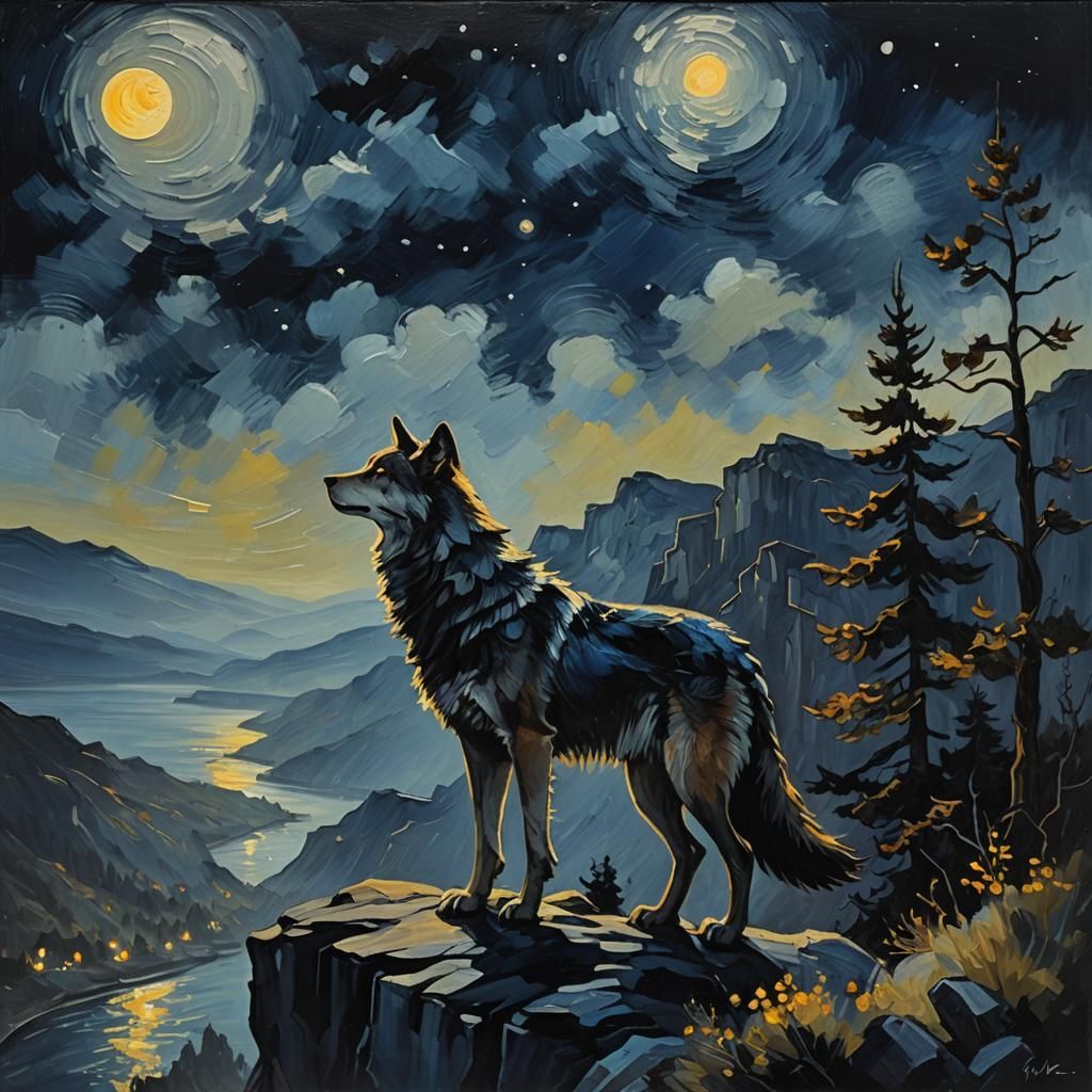 Wolf Howling at Moon in Romantic Oil Painting