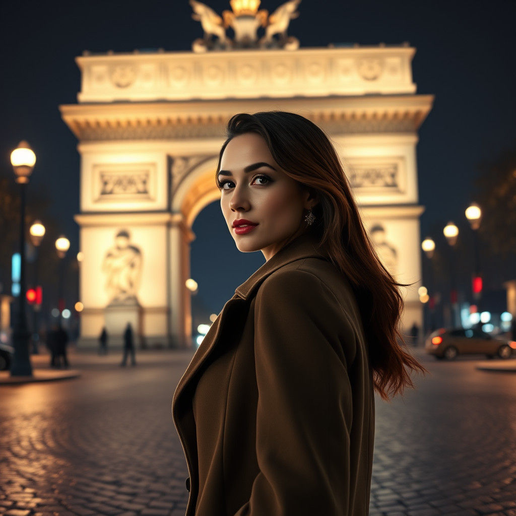 Woman at Arc de Triomphe, Hyperrealistic Concept Art