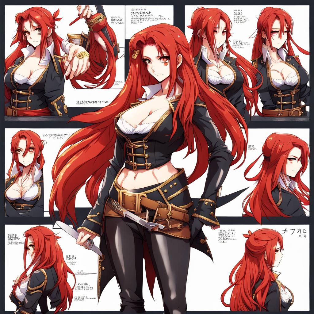 Beautiful Pirate Woman in Red Latex, Anime Style