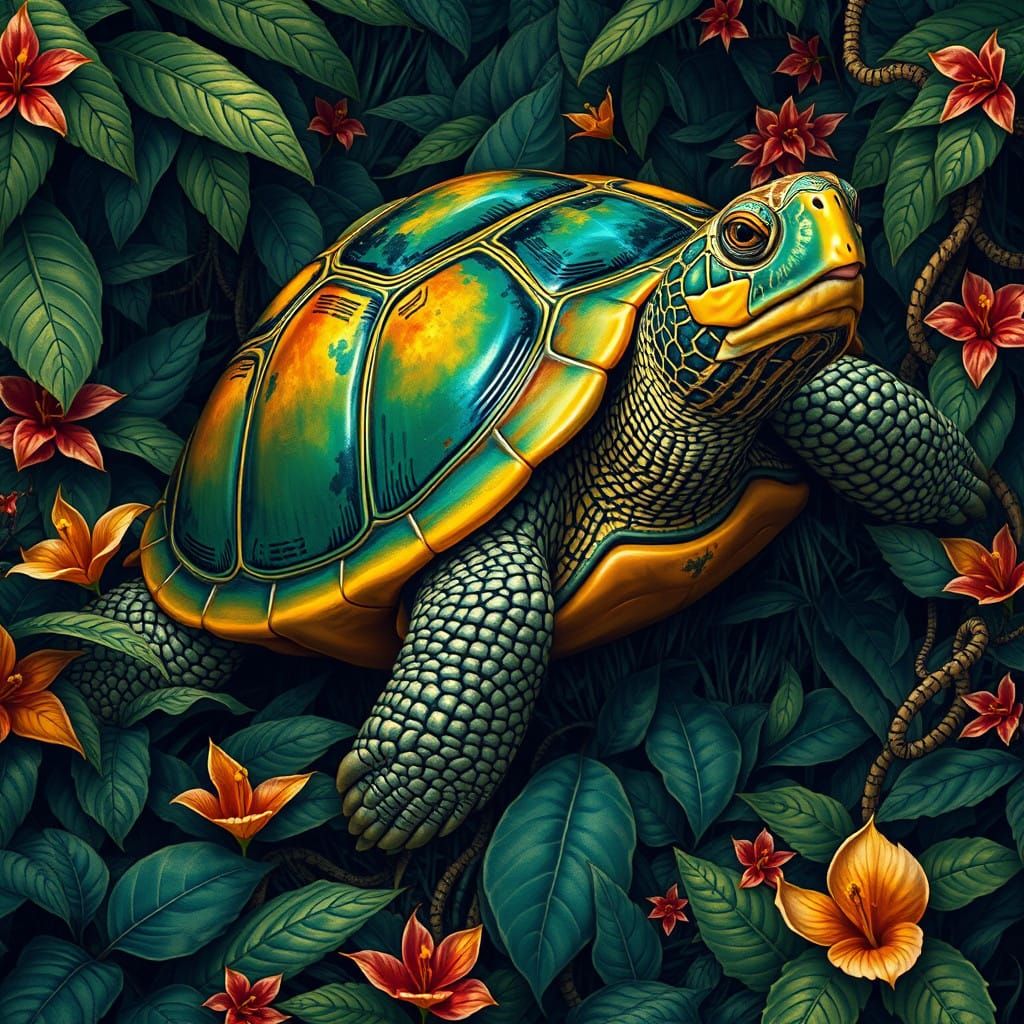 Majestic Turtle Rises from Tropical Underbrush in Vibrant Co...