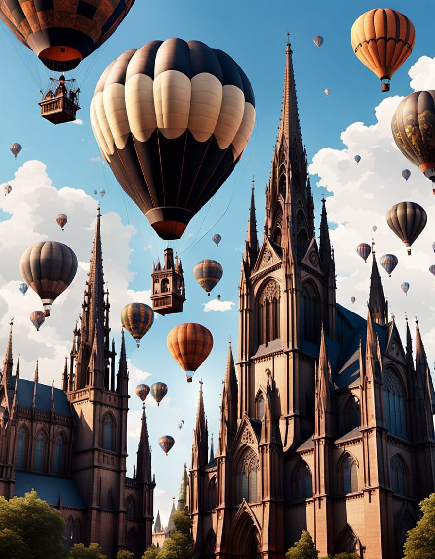 Hot Air Balloons Over Gothic Cathedral in Cinematic Steampun...