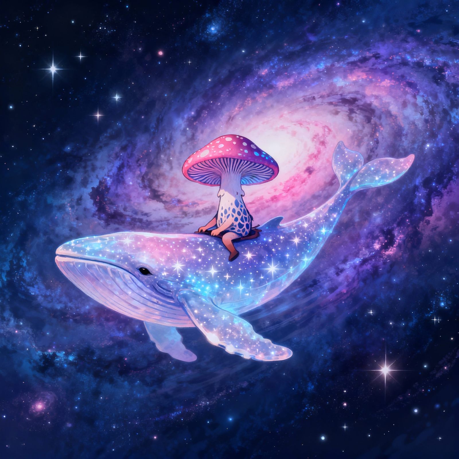 Intergalactic Passenger Rides Whale Through Starry Galaxy