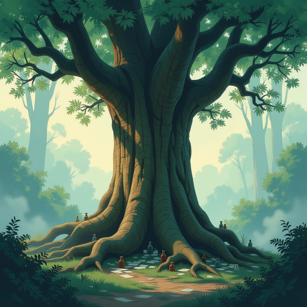 Ancient Paper Tree in Ethereal Misty Forest