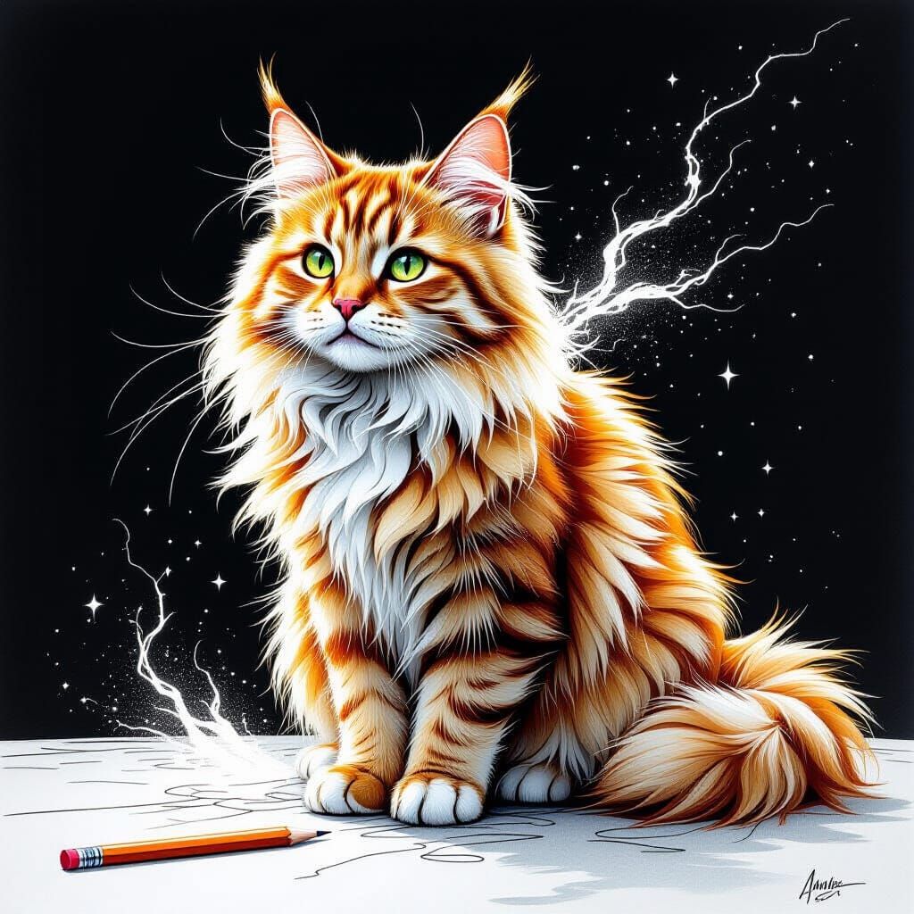 Pencil Drawing Morphing Cat Creature as Fantasy Art