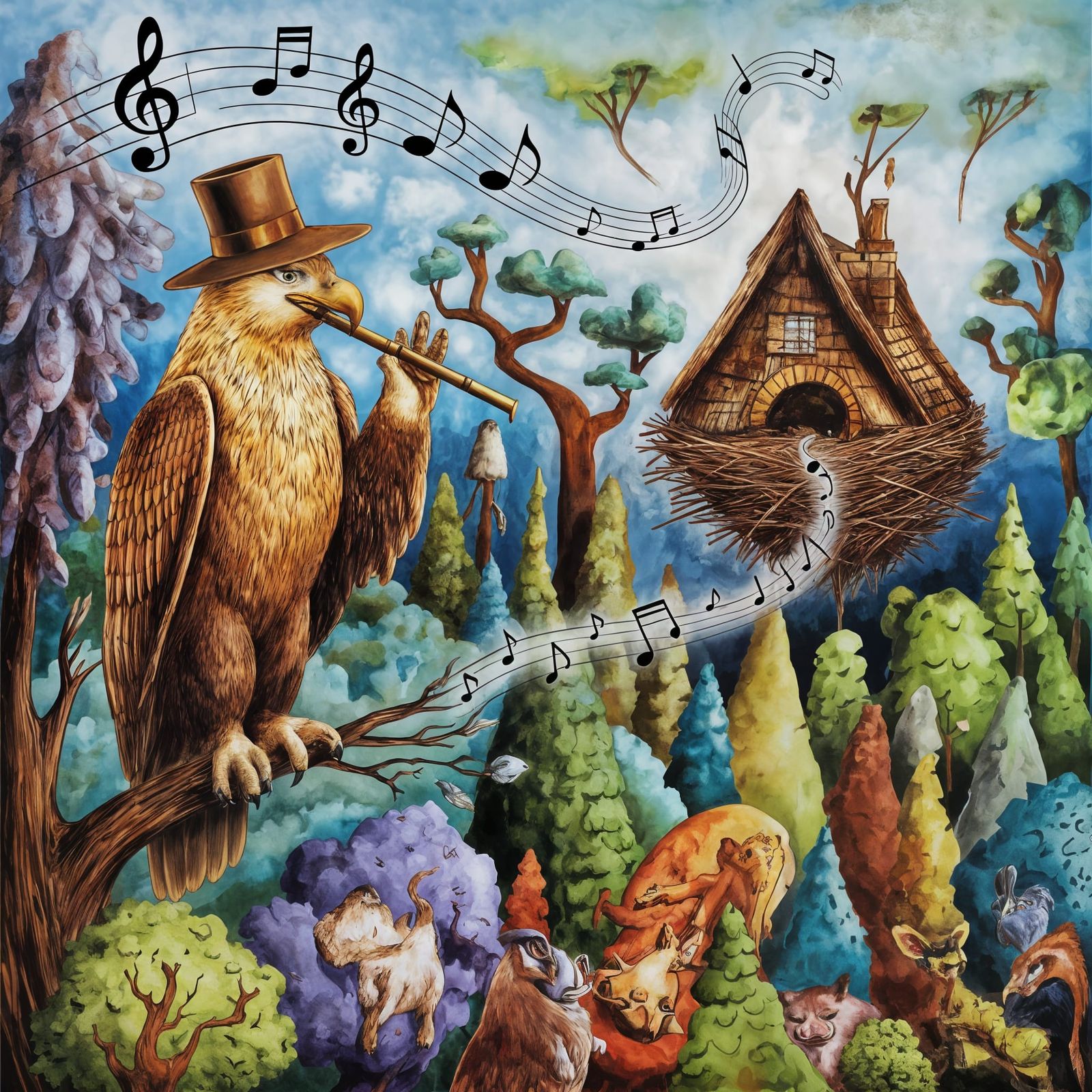 Surreal Eagle Plays Enchanted Flute in Mystical Forest