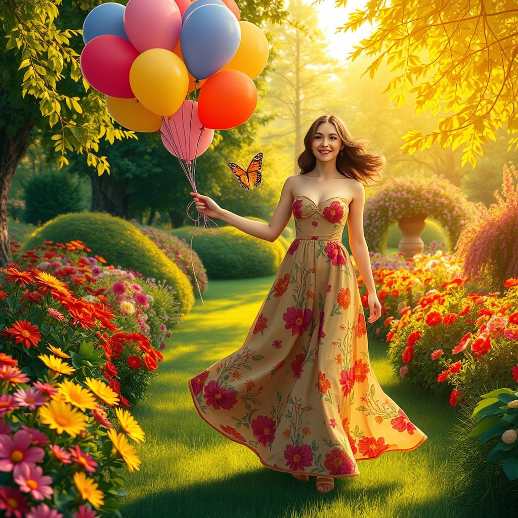 Woman in Floral Dress, Art Nouveau Park Scene