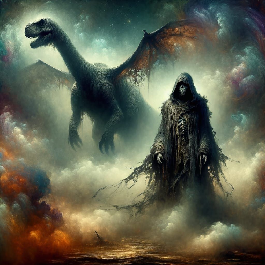 Eerie Jurassic Scene with Gothic Figure in Fog