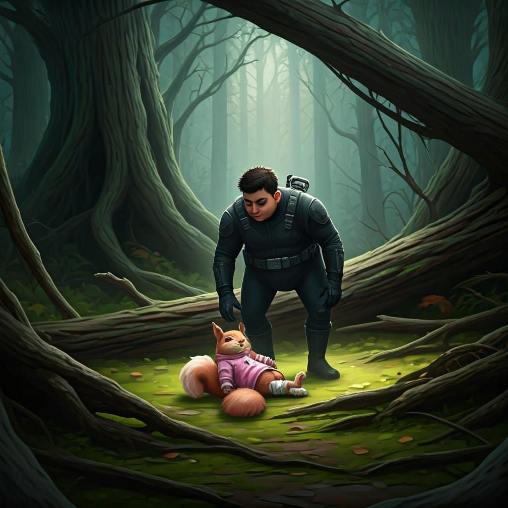 Hero Rescues Squirrel in Mystical Forest, Digital Art