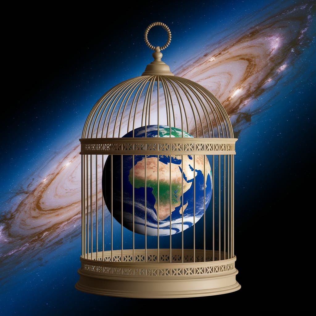 Surreal Birdcage Enclosing Earth Amidst Galactic Scenery