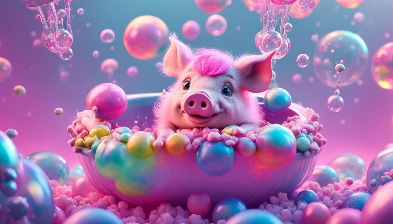 Pink Piglet in Bubble Bath, 3D Render