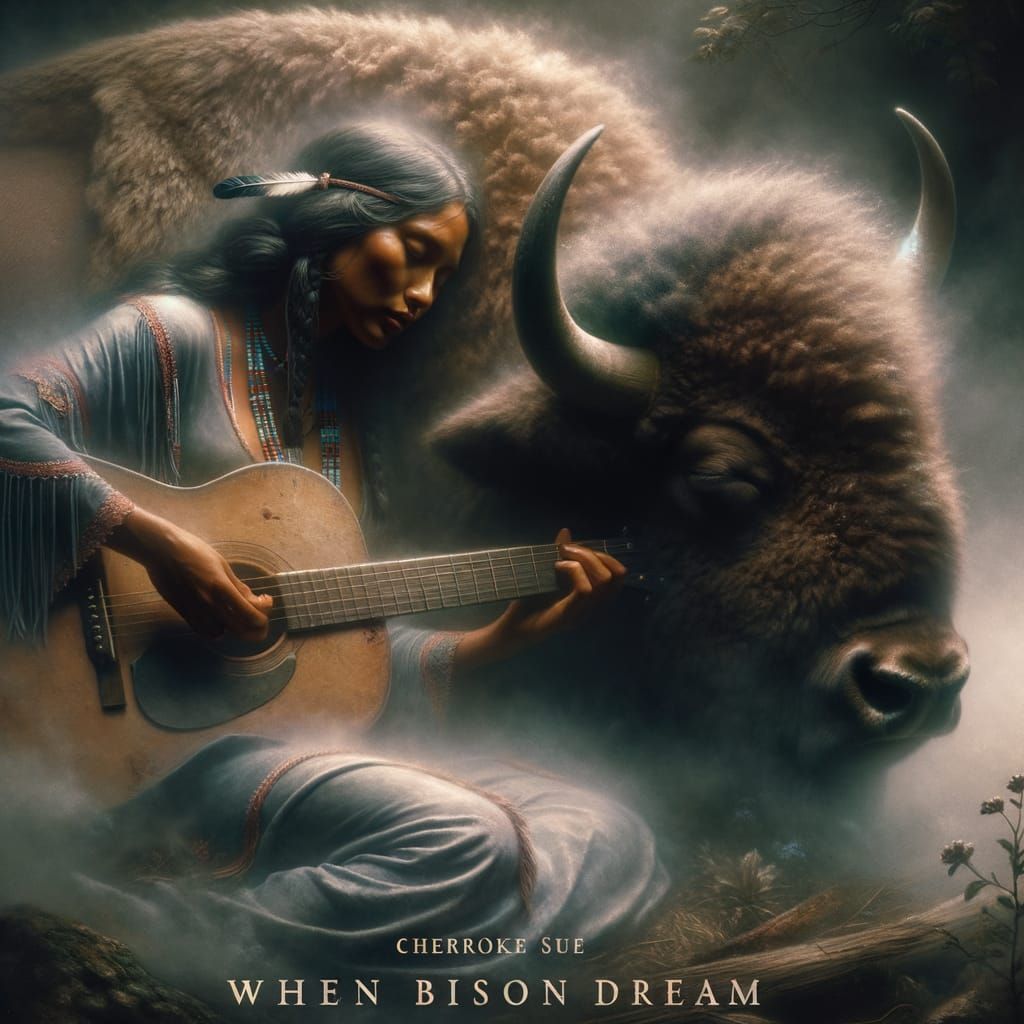Ethereal Cherokee Woman Comforts Bison with Guitar