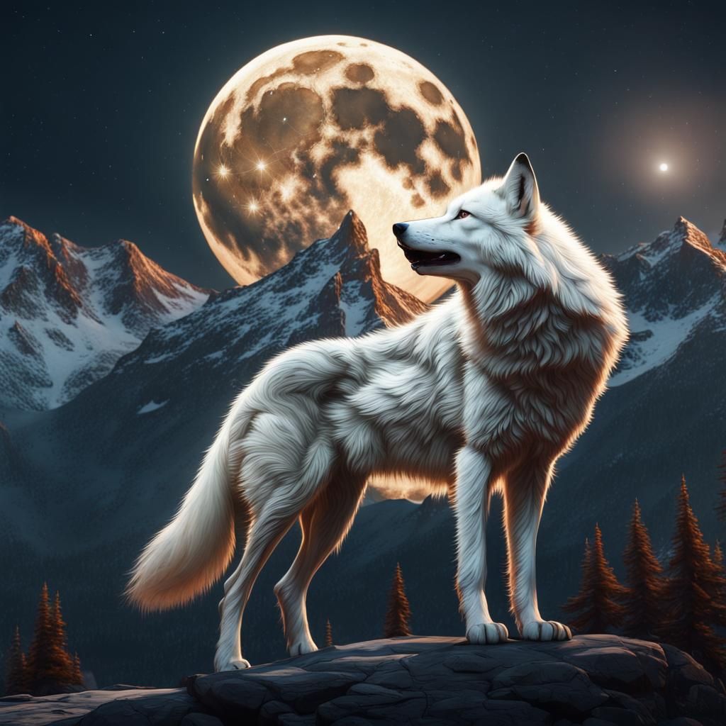 Majestic White Wolf Howling at Moon, Detailed Matte Painting