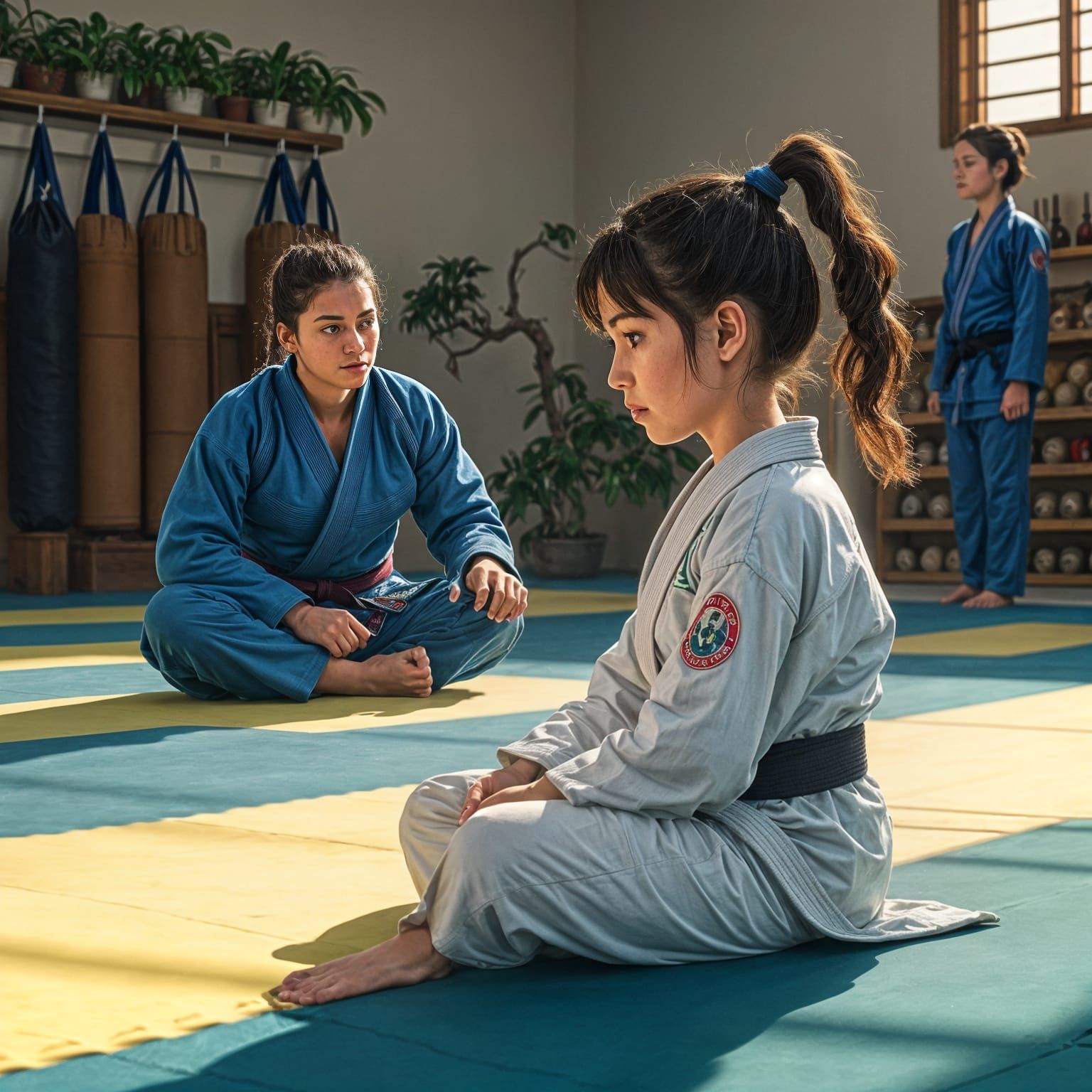 Girl Watching Jiu Jitsu Training in Dojo