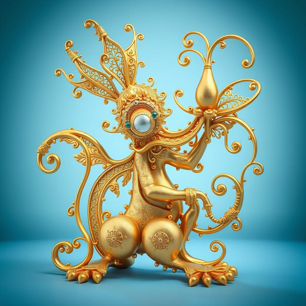Luxurious Art Nouveau Gold Sculpture with Whimsical Details