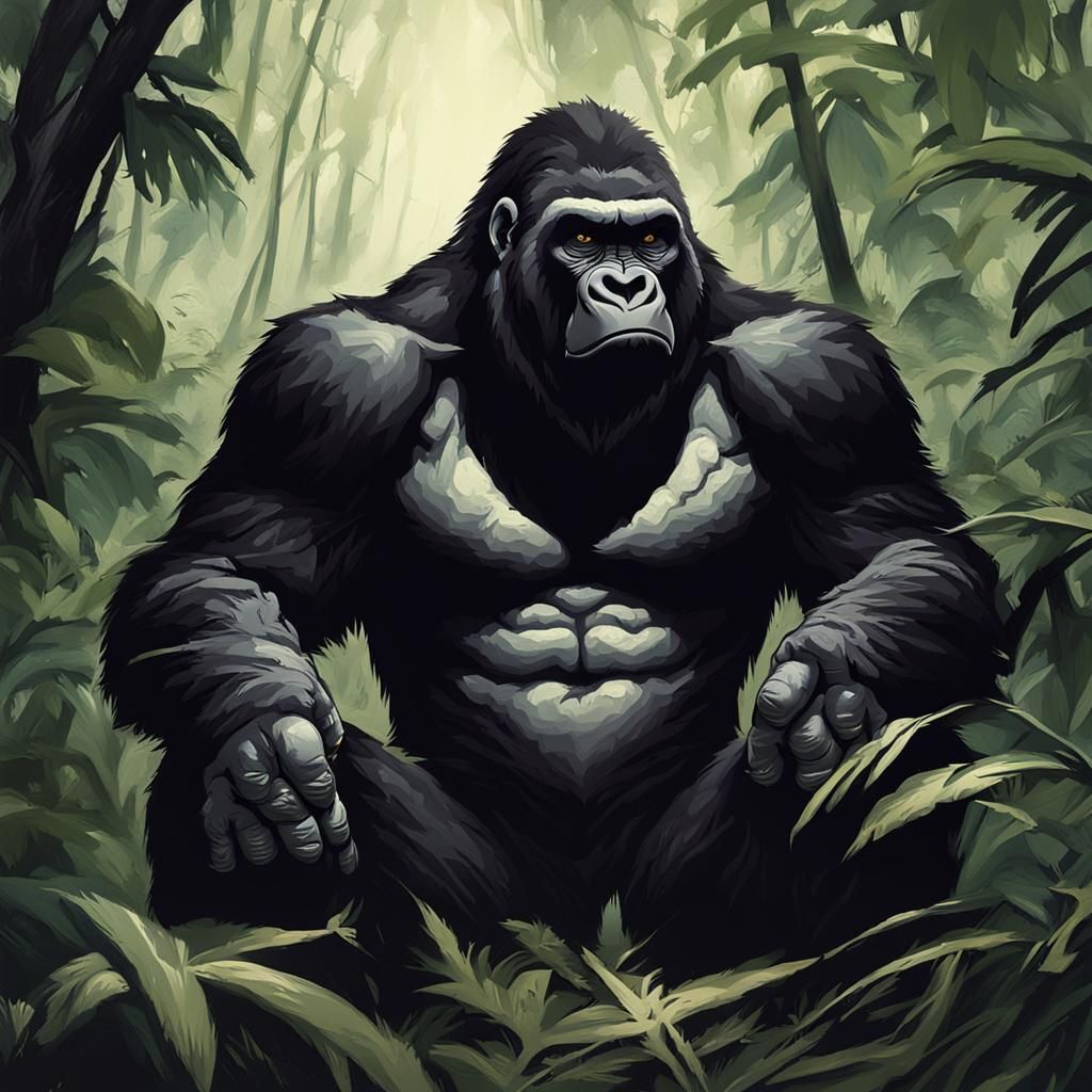 Menacing Gorilla in Jungle, Oil Painting Style