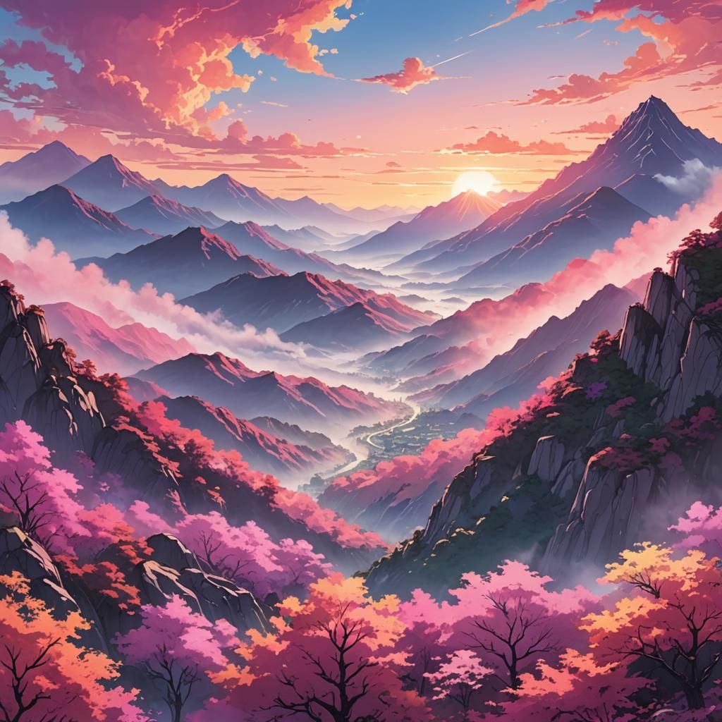 Pink Mountain Range in Anime Style