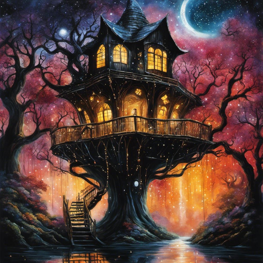 Luminescent Treehouse in Stardust, Watercolor Art