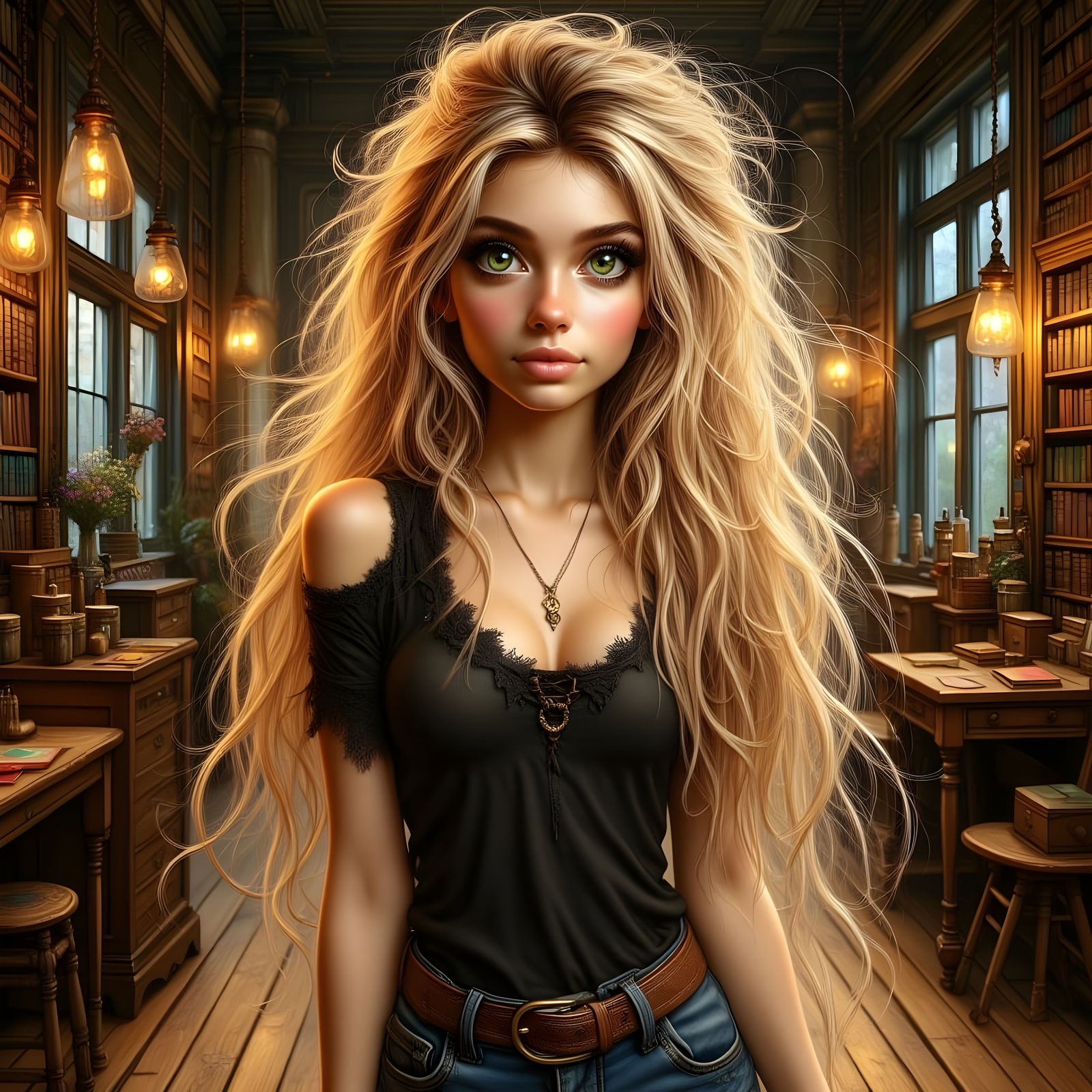 Glowing Green-Eyed Siren in Moody Lighting