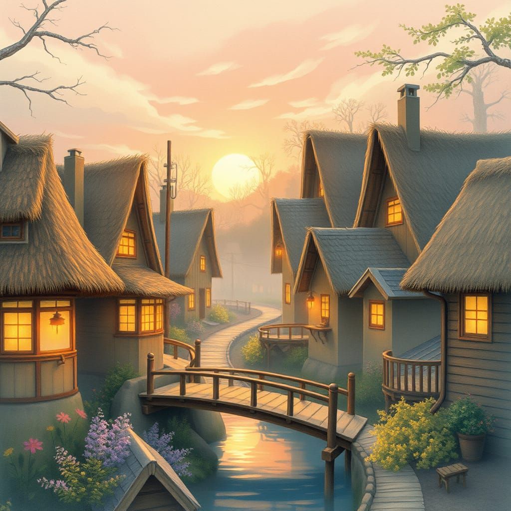 Idyllic Village Scene in Watercolor Style