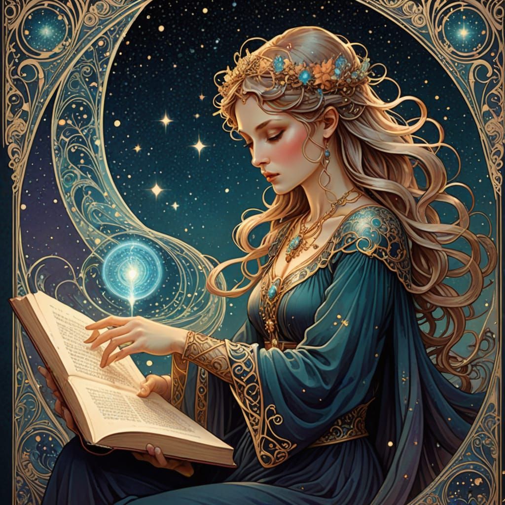 Art Nouveau Spectral Figure Reaches for Cosmic Book