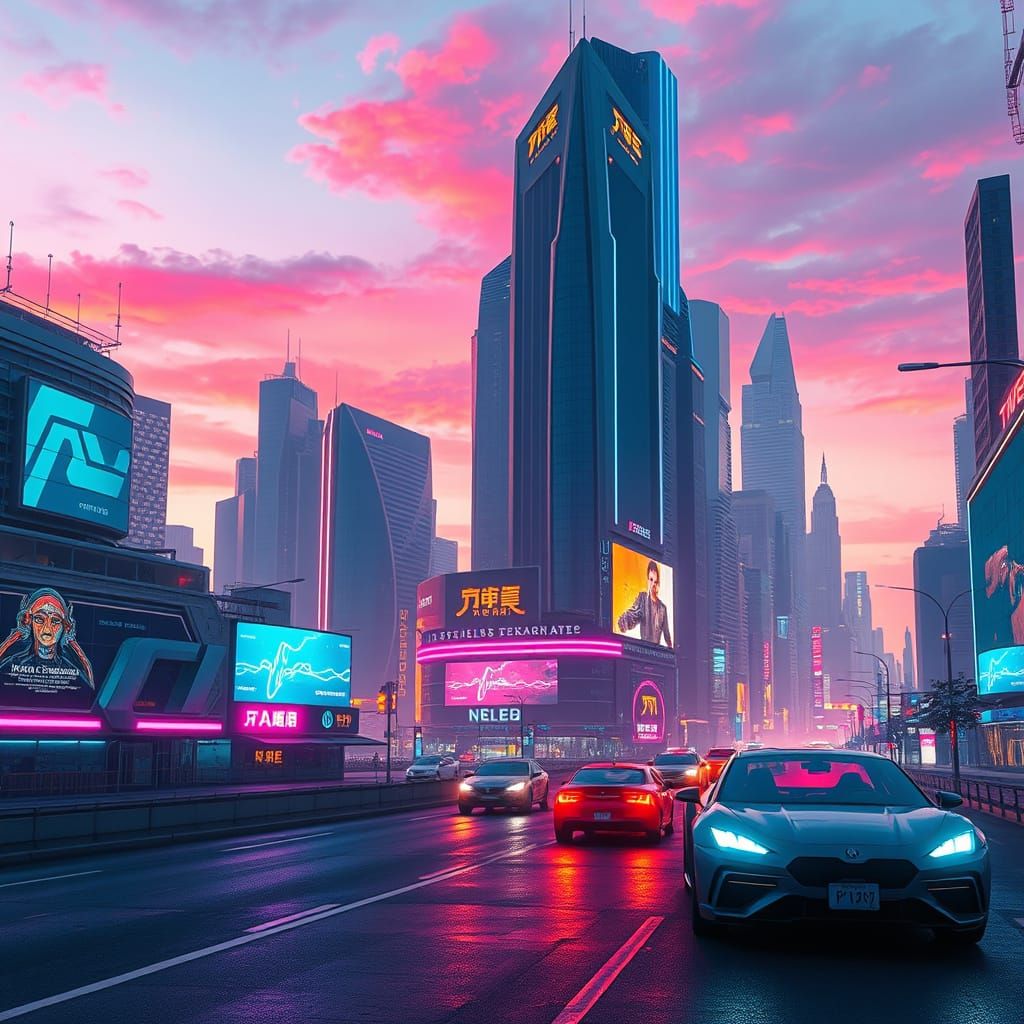 Futuristic Cityscape at Dusk in Cyberpunk Style