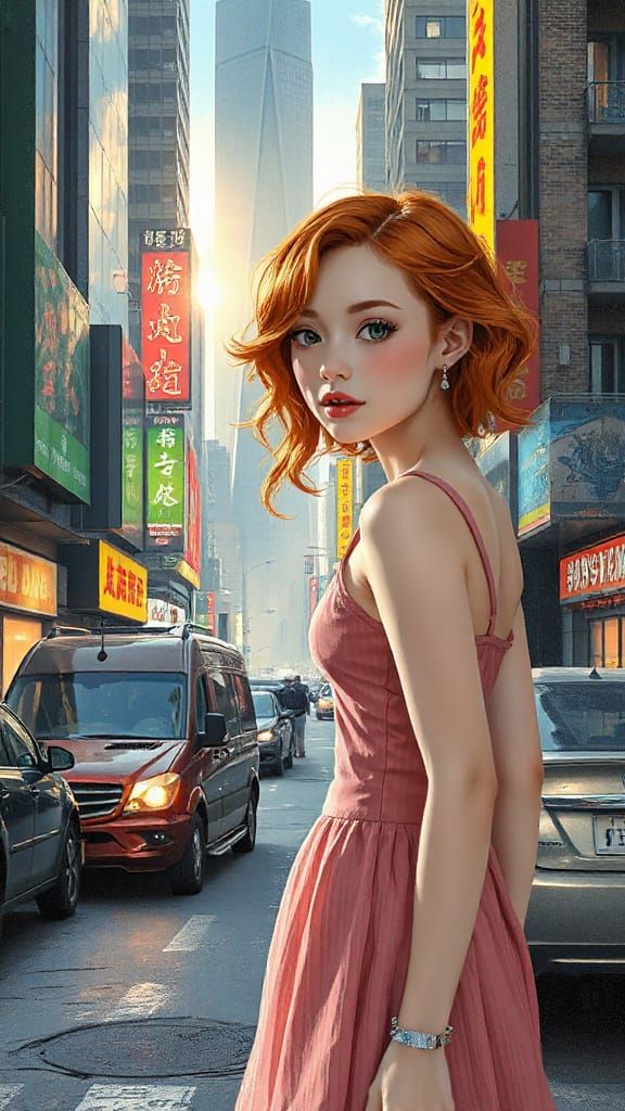 Teen Girl in Futuristic City: Pencil Sketch Art