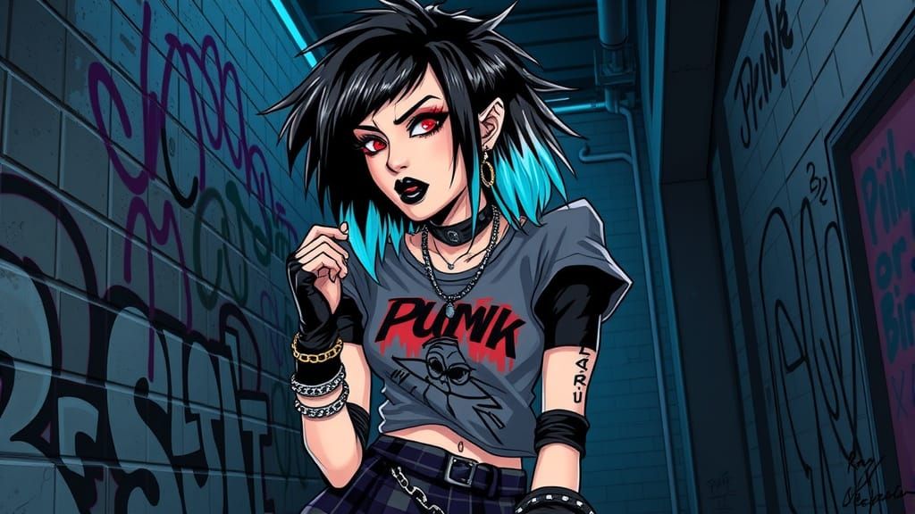 Edgy Punk Girl with Graffiti Background, in Digital Art Styl...