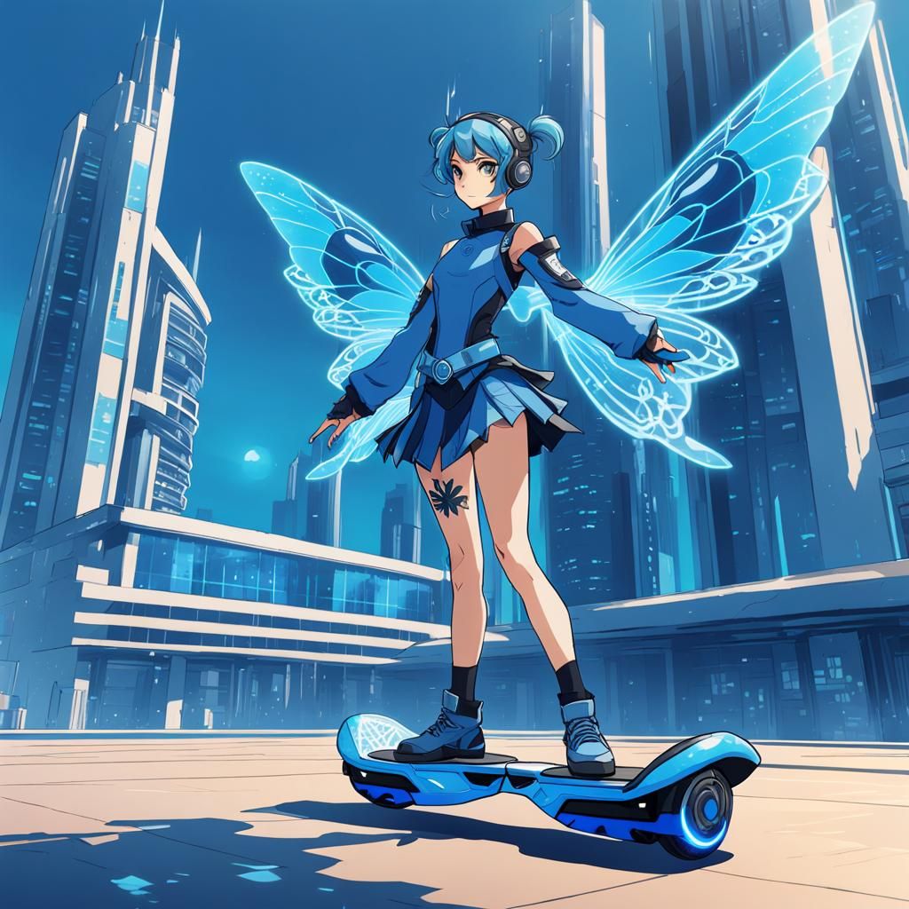 Blue Fairy on Hoverboard in Manga Style