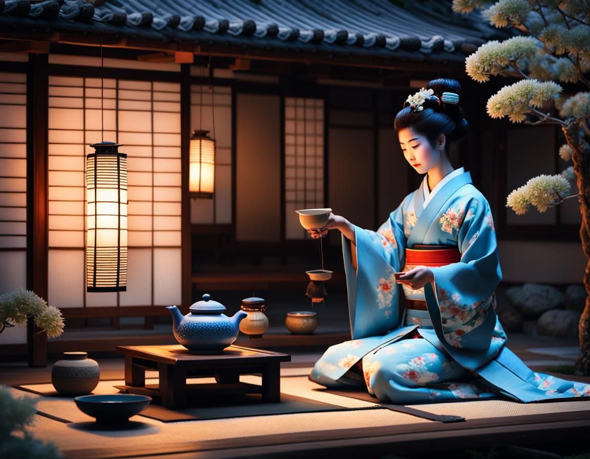 Japanese Tea Ceremony with Geisha in Hyperrealism