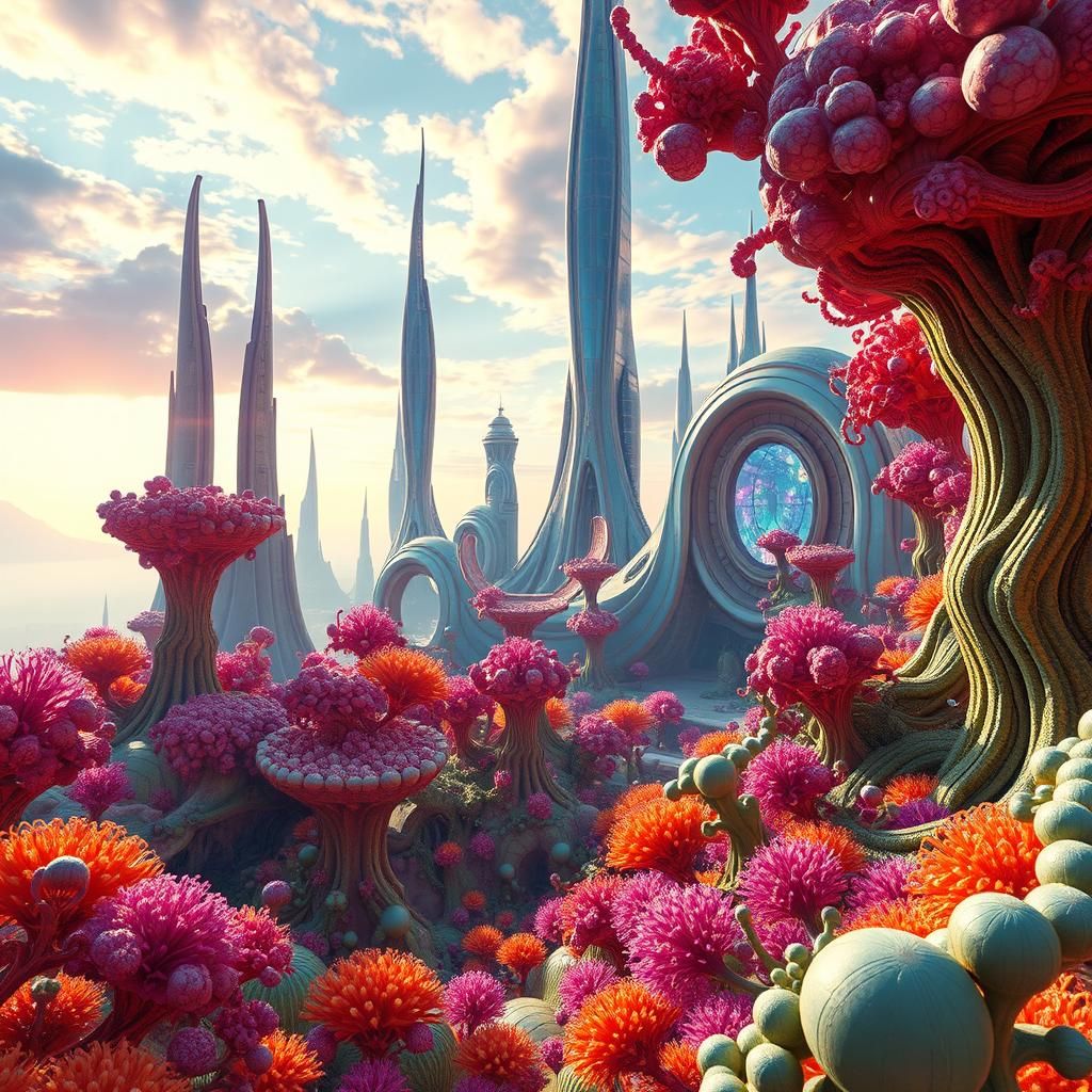 Vibrant Mandelbulb Alien Forest with Sci-Fi Cityscape