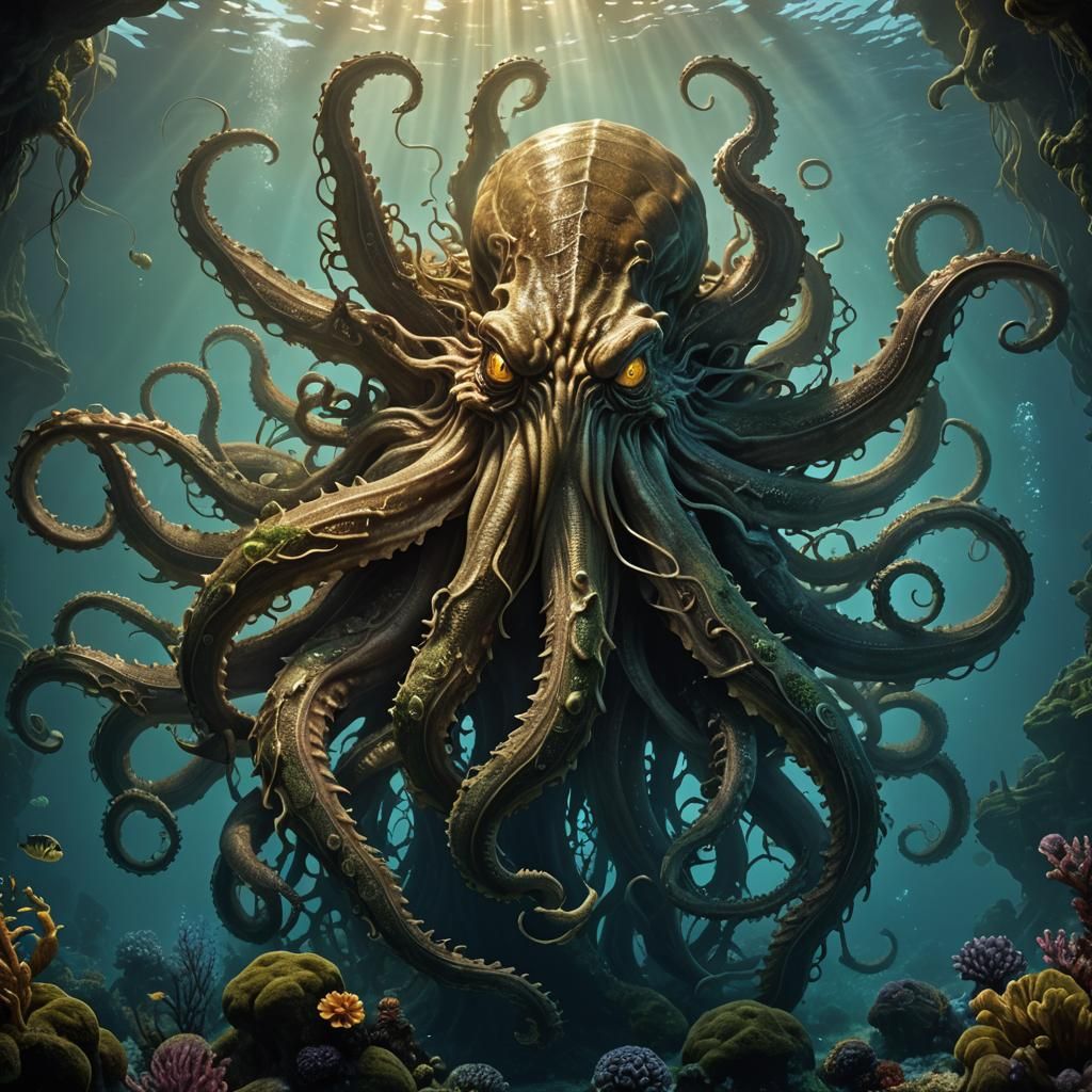 Giant Kraken in Eerie Abyss: Fantasy Art