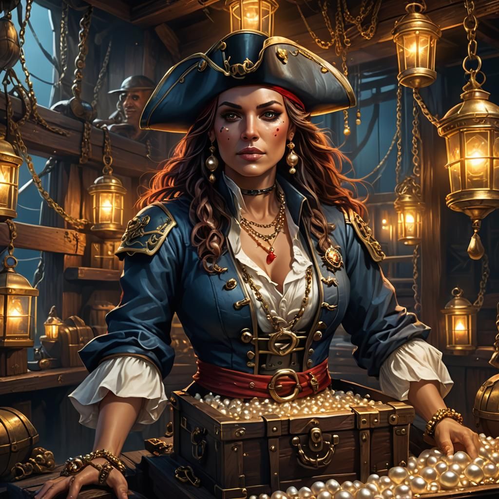 Female Pirate Finds Pearl Treasure: Fantasy Art