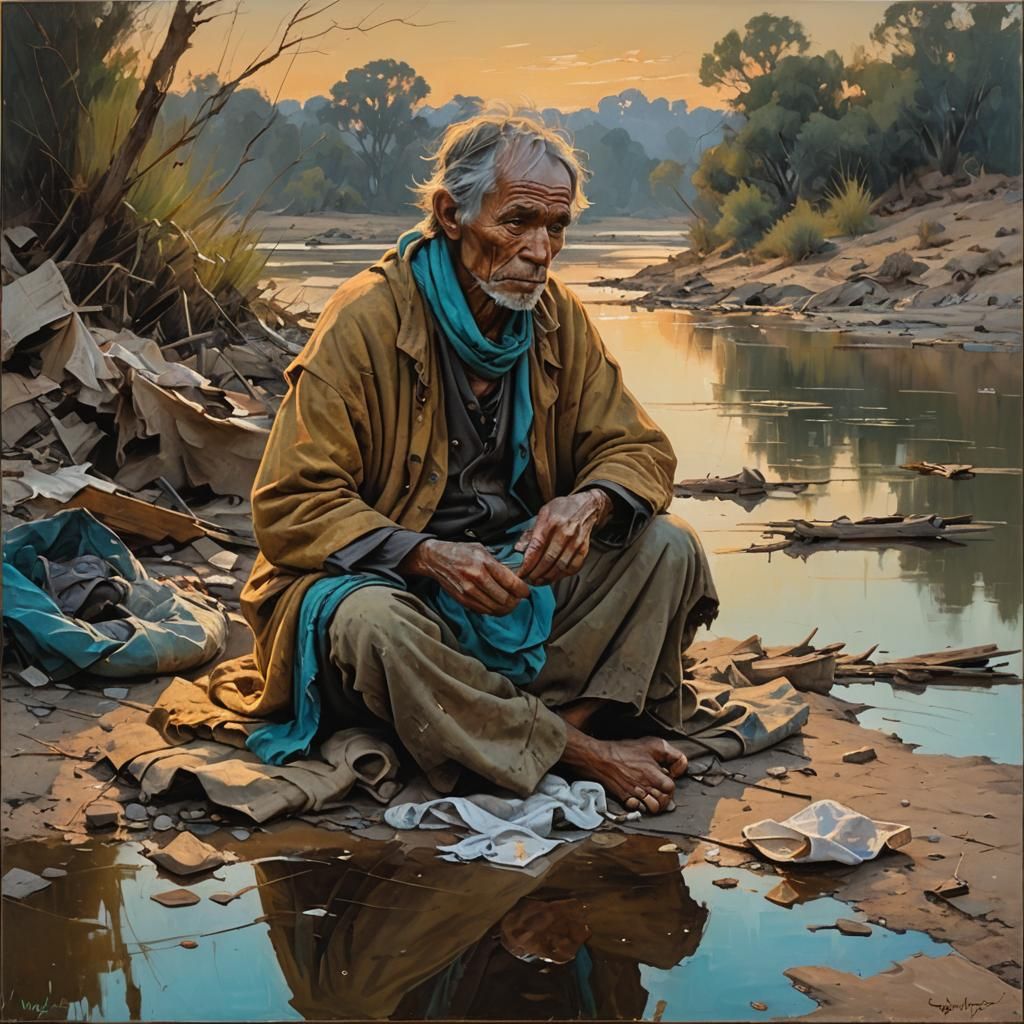 Beggar on Riverbank in Old Master Oil Painting