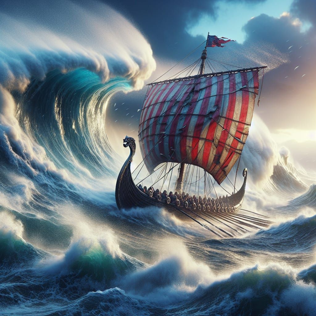 Viking Longship Crests Wave in Stormy Seas