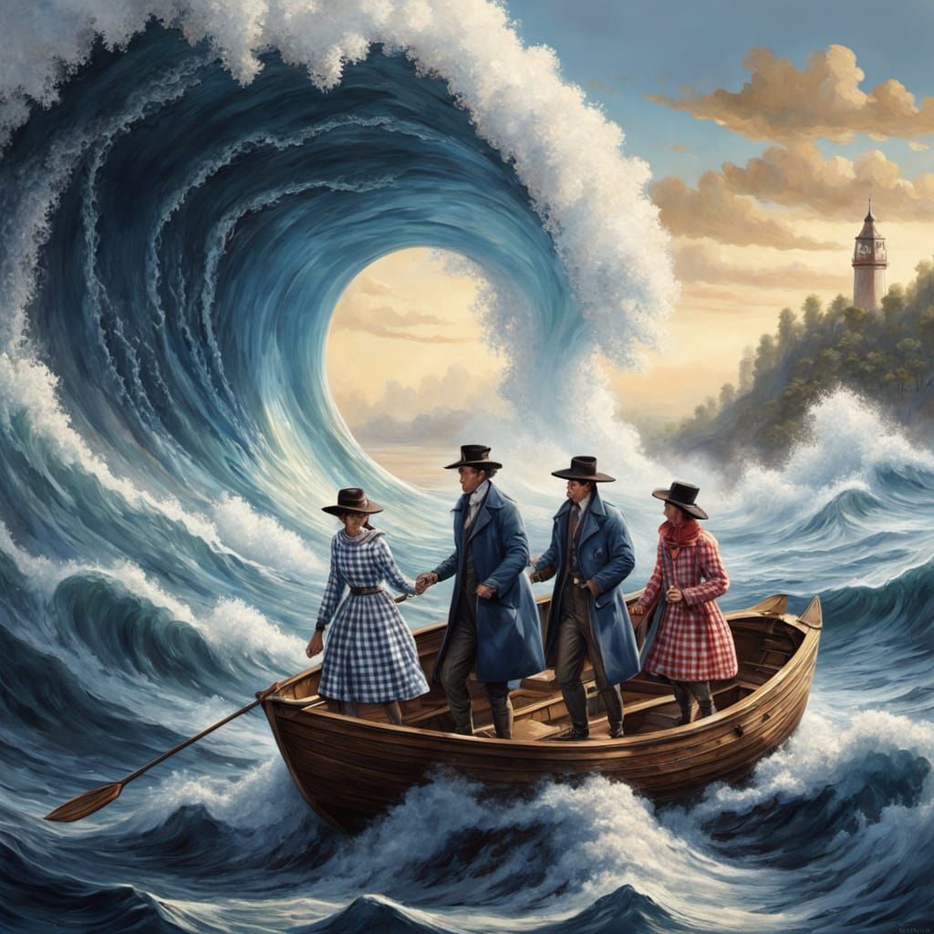 Vibrant Gingham Landscape with Wooden Boat