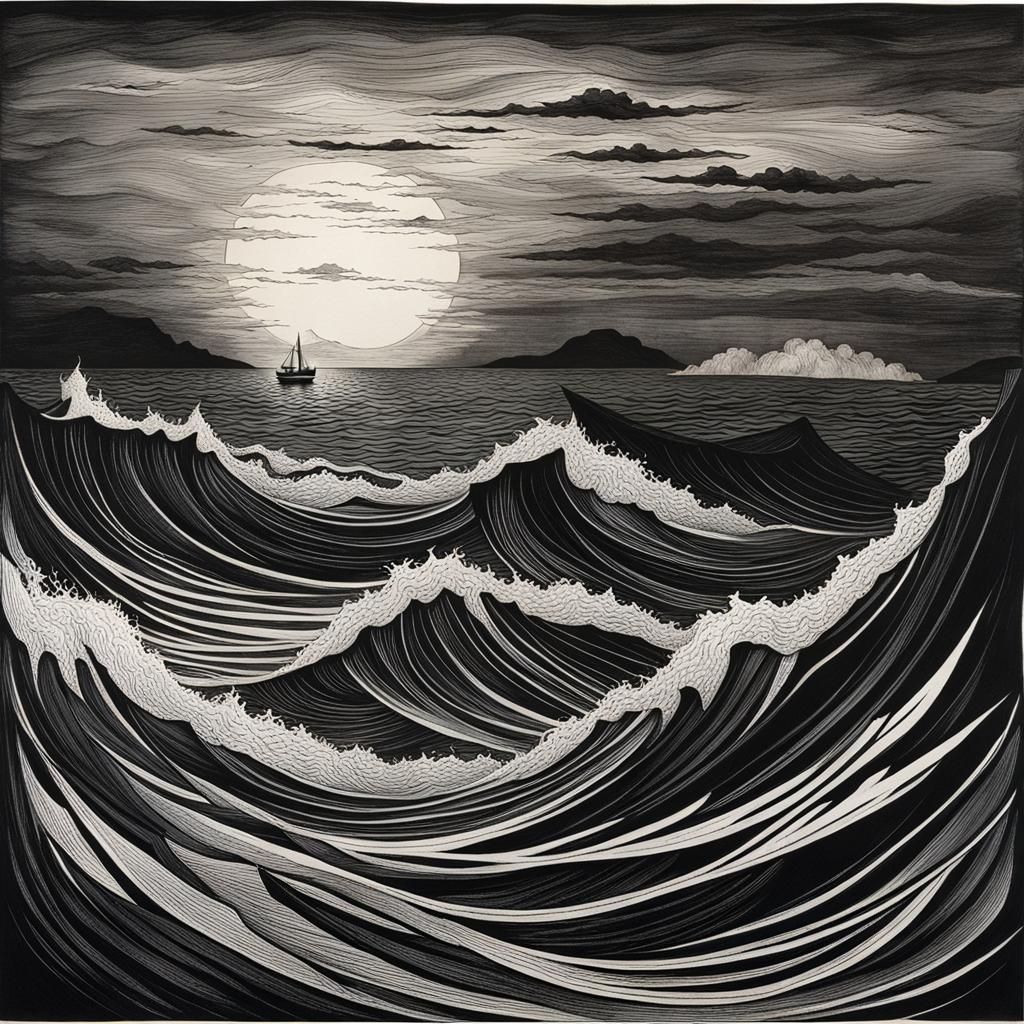 Ship Navigating Stormy Seas in Ink Drawing