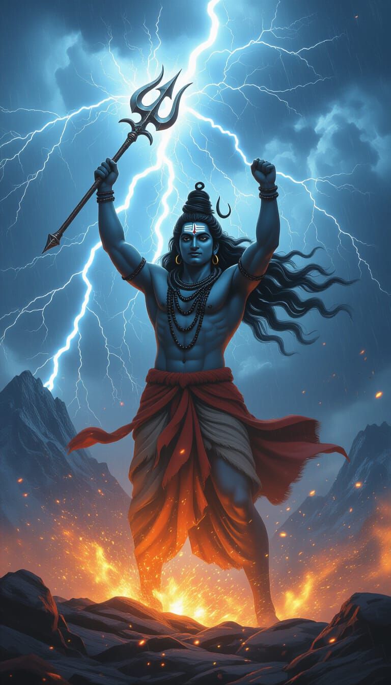 Lord Shiva's Cosmic Power: Trishul Strikes Stormy Sky