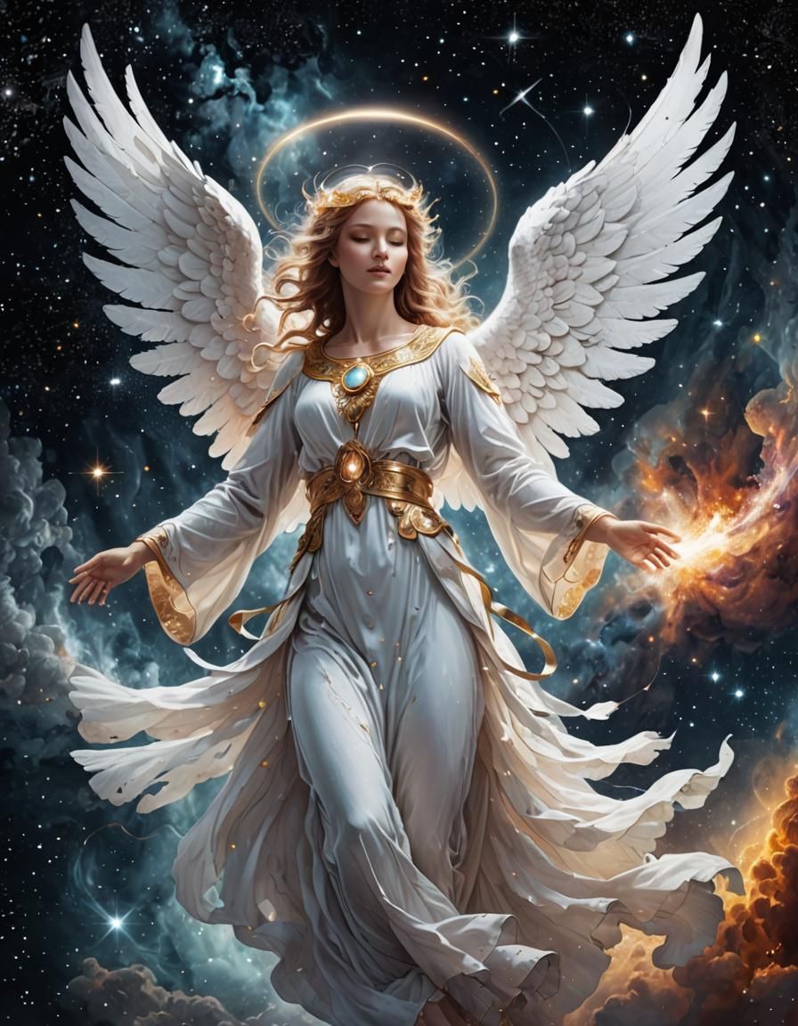 Mystical Angel Drifting in Cosmic Space Illustration