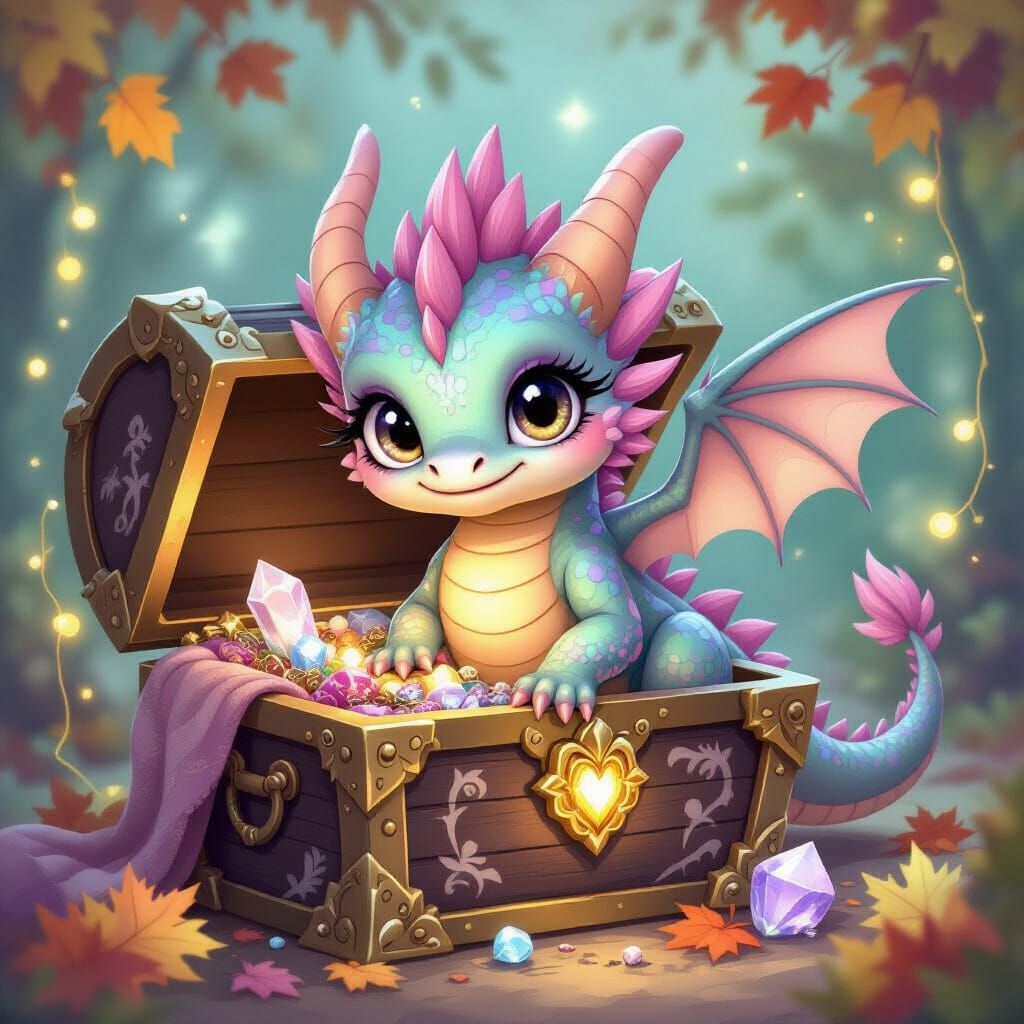 Whimsical Dragon Emerges from Treasure Chest