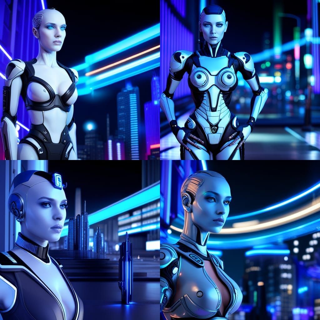Hyperrealistic Female Robot in Cyberpunk Cityscape